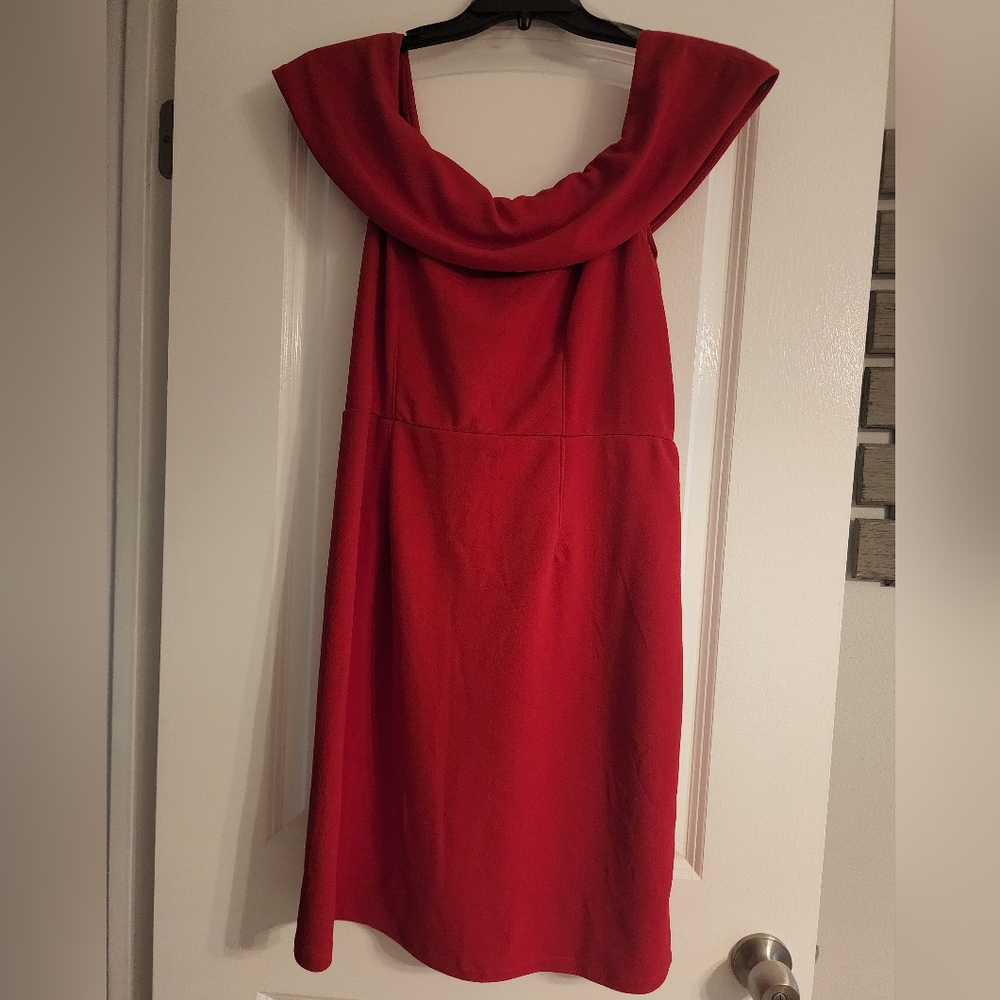 That lovely, off shoulder, red dress.